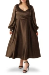 Flying Tomato Polka Dot Long Sleeve Satin Dress In Brown