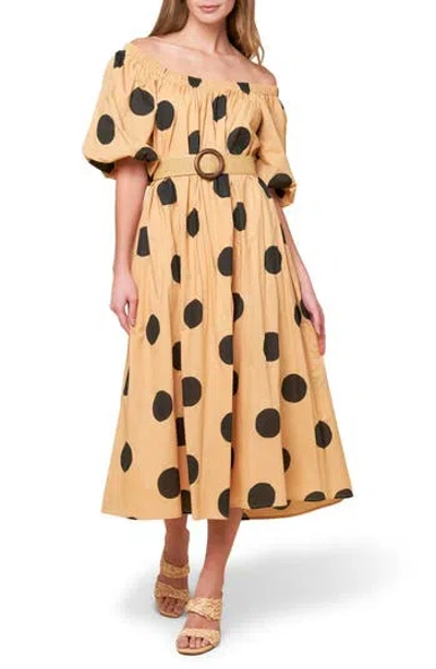 Flying Tomato Polka Dot Print Off-the-shoulder Midi Dress In Taupe