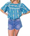 Flying Tomato Pom-pom Trim Peasant Blouse In Blue Multi In Blue