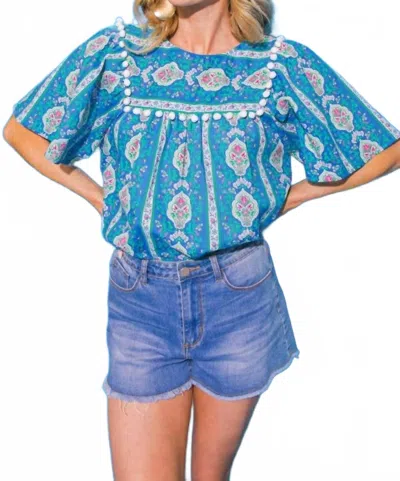 Flying Tomato Pom-pom Trim Peasant Blouse In Blue Multi