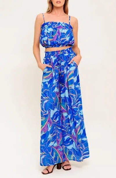 Flying Tomato Print Bubble Crop Top & Wide Leg Pants Set In Blue