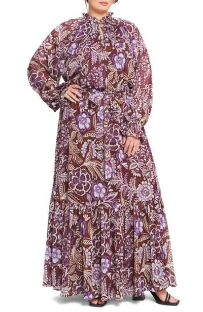 Flying Tomato Print Long Sleeve Maxi Dress In Brown