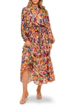 Flying Tomato Print Long Sleeve Tiered Midi Dress In Multi