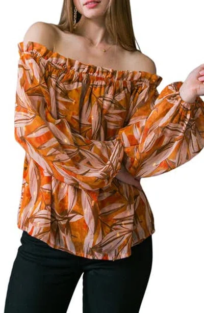 Flying Tomato Print Off The Shoulder Top In Orange Brown