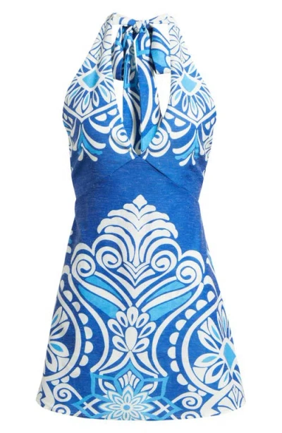 Flying Tomato Print Plunge Halter Neck Minidress In Blue