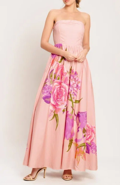 Flying Tomato Print Strapless Cotton Maxi Dress In Multi