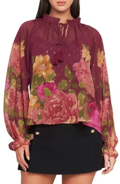 Flying Tomato Print Tie Neck Top In Burgundy