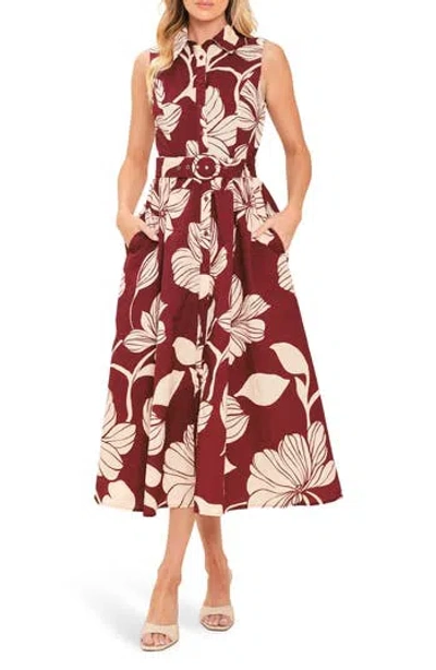 Flying Tomato Printed Belted Midi Shirtdress In Burgundy