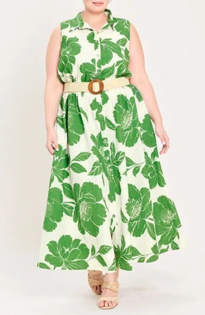 Flying Tomato Printed Belted Shirtdress In Green