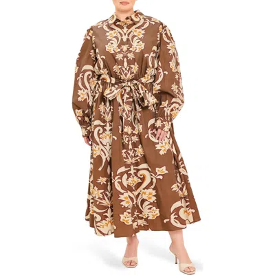 Flying Tomato Printed Cotton Midi Shirtdress In Brown