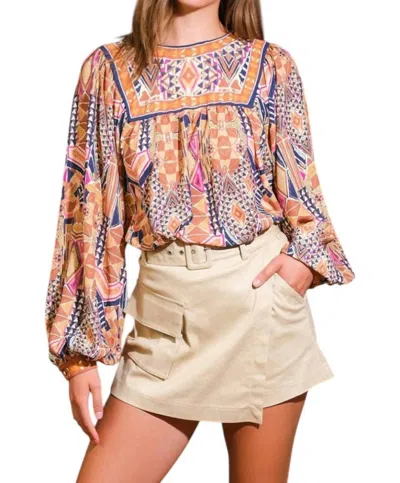 Flying Tomato Printed Floral Woven Blouson Top In Brown Grey In Animal Print
