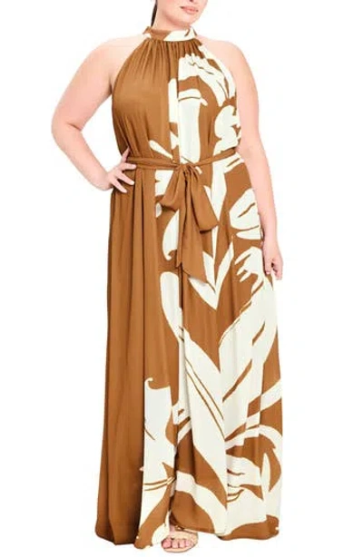 Flying Tomato Printed Halter Maxi Dress In Brown