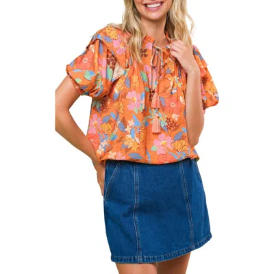 Flying Tomato Printed Split Neck Top In Brown