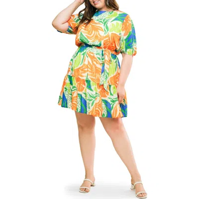 Flying Tomato Printed Tie Waist Puff Sleeve Minidress In White