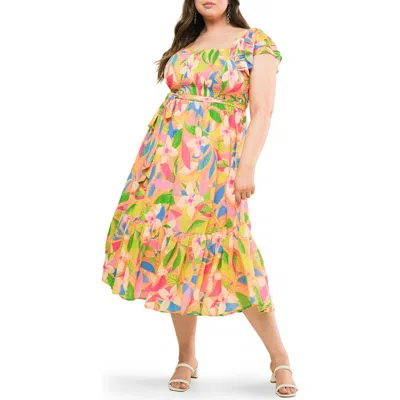 Flying Tomato Printed Tie Waist Tiered Midi Dress