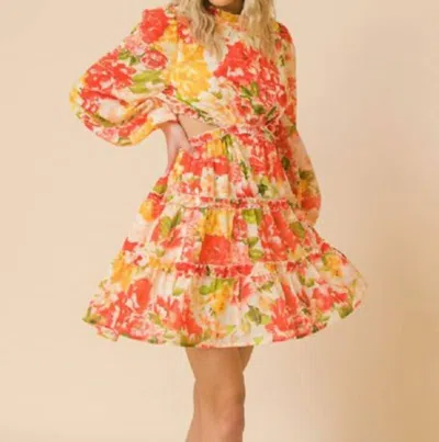 Flying Tomato Printed Woven Cut Out Mini Dress In Red/yellow In Multi