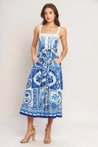 Flying Tomato Printed Woven Midi Dress In Blue