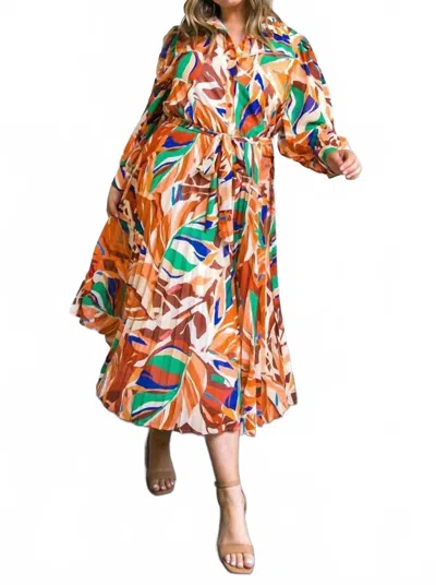 Flying Tomato Printed Woven Midi Dress In Cognac Green In Multi