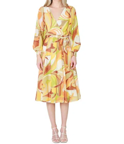 Flying Tomato Printed Woven Midi Dress In Ivory Brown In Yellow