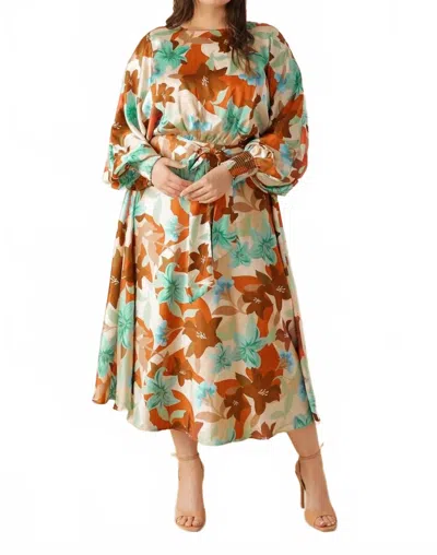 Flying Tomato Printed Woven Midi Dress In Rust Teal In Multi