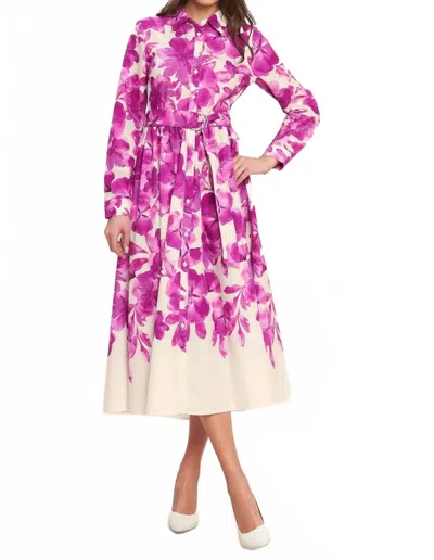 Flying Tomato Printed Woven Midi Shirt Dress In Ivory Fuchsia Flora In Purple