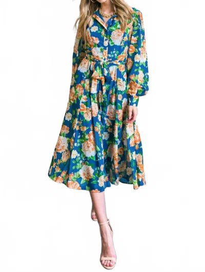 Flying Tomato Printed Woven Midi Shirt Dress In Teal In Multi