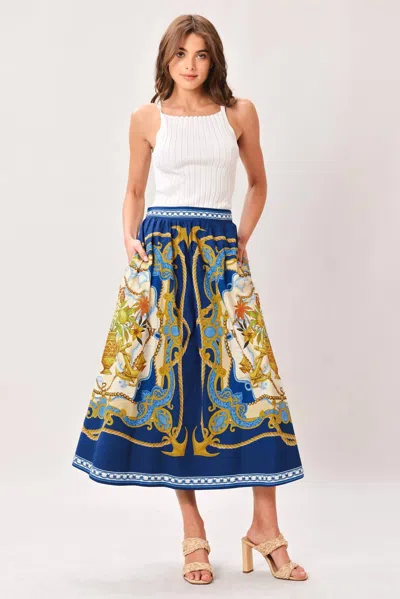 Flying Tomato Printed Woven Midi Skirt In Navy In Blue
