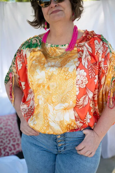 Flying Tomato Printed Woven Top In Rust/green In Multi