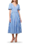 Flying Tomato Puff Sleeve Stripe Midi Dress In Blue/white