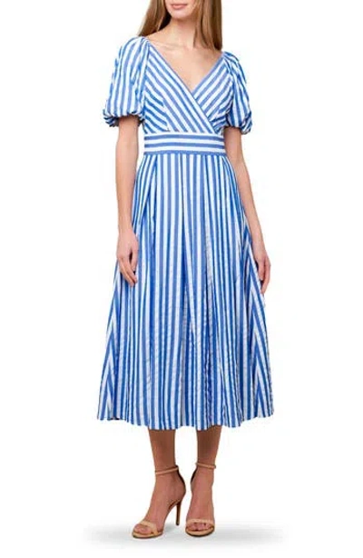 Flying Tomato Puff Sleeve Stripe Midi Dress In Blue/white
