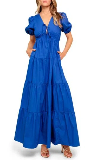 Flying Tomato Puff Sleeve Tiered Maxi Dress In Blue