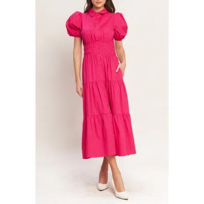 Flying Tomato Puff Sleeve Tiered Midi Shirtdress In Purple