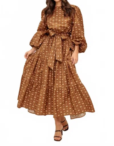 Flying Tomato Rebecca Tiered Puff Sleeve Midi Dress In Mocha In Brown