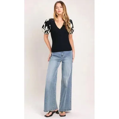 Flying Tomato Ribbed Top With Embroidered Puff Sleeves In Black