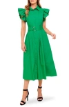 Flying Tomato Ruffle Cap Sleeve Belted Midi Shirtdress In Green