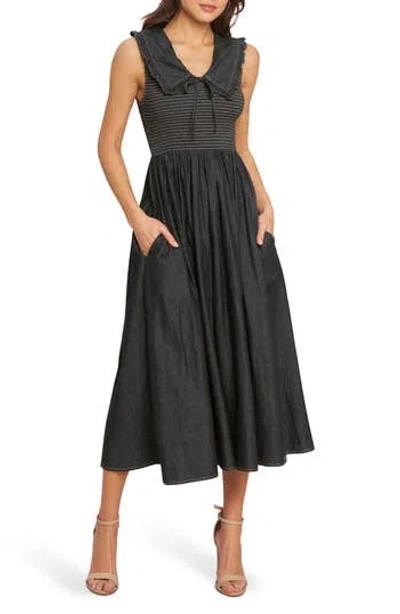 Flying Tomato Ruffle Collar Sleeveless Fit & Flare Denim Midi Dress In Green