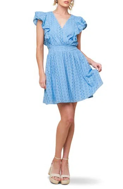 Flying Tomato Ruffle Embroidered Eyelet Cotton Fit & Flare Dress In Powder Blue