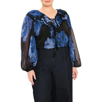 Flying Tomato Ruffle Floral Print Balloon Sleeve Top In Black / Blue