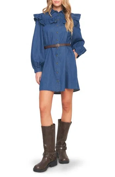 Flying Tomato Ruffle Long Sleeve Belted Denim Shirtdress In Blue