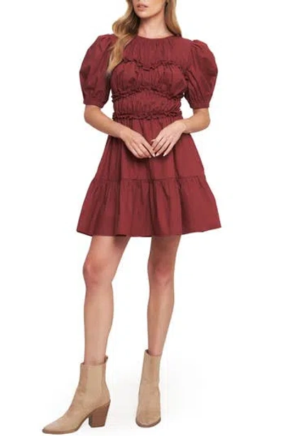 Flying Tomato Ruffle Scrunch Puff Sleeve Minidress In Burgundy