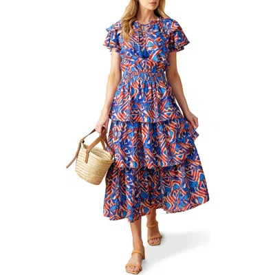 Flying Tomato Ruffle Short Sleeve Tiered Midi Dress In Blue Rust