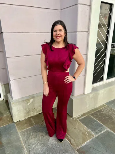 Flying Tomato Ruffle Trim Faux Suede Wide Leg Jumpsuit In Wine In Burgundy