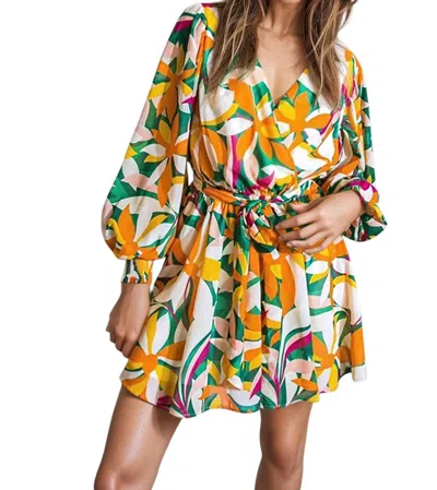 Flying Tomato Sandra Surplice Long Sleeve Chiffon Mini Dress In Orange In Multi