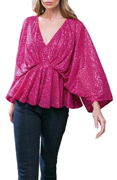 Flying Tomato Sequin Embellished Batwing Sleeve Peplum Top In Pink