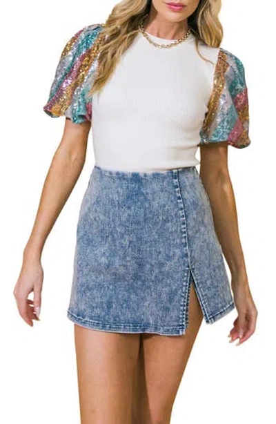 Flying Tomato Sequin Sleeve Knit Top In White