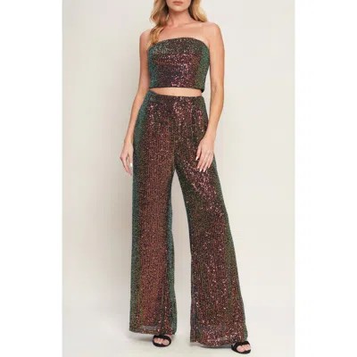 Flying Tomato Sequin Tube Top & Wide Leg Pants Set In Brown