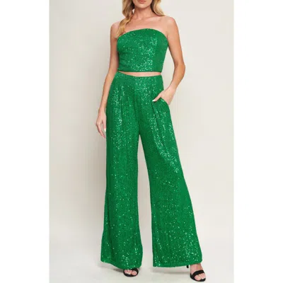Flying Tomato Sequin Tube Top & Wide Leg Pants Set In Green