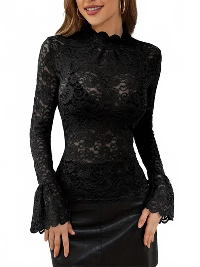 Flying Tomato Sheer Mock Neck Lace Shirt In Black