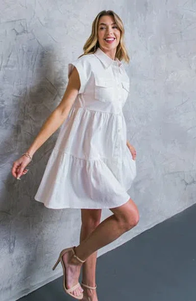 Flying Tomato Short Sleeve Tiered Shirtdress In White