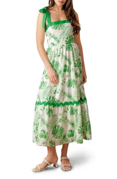 Flying Tomato Shoulder Tie Midi Dress In Off White/green